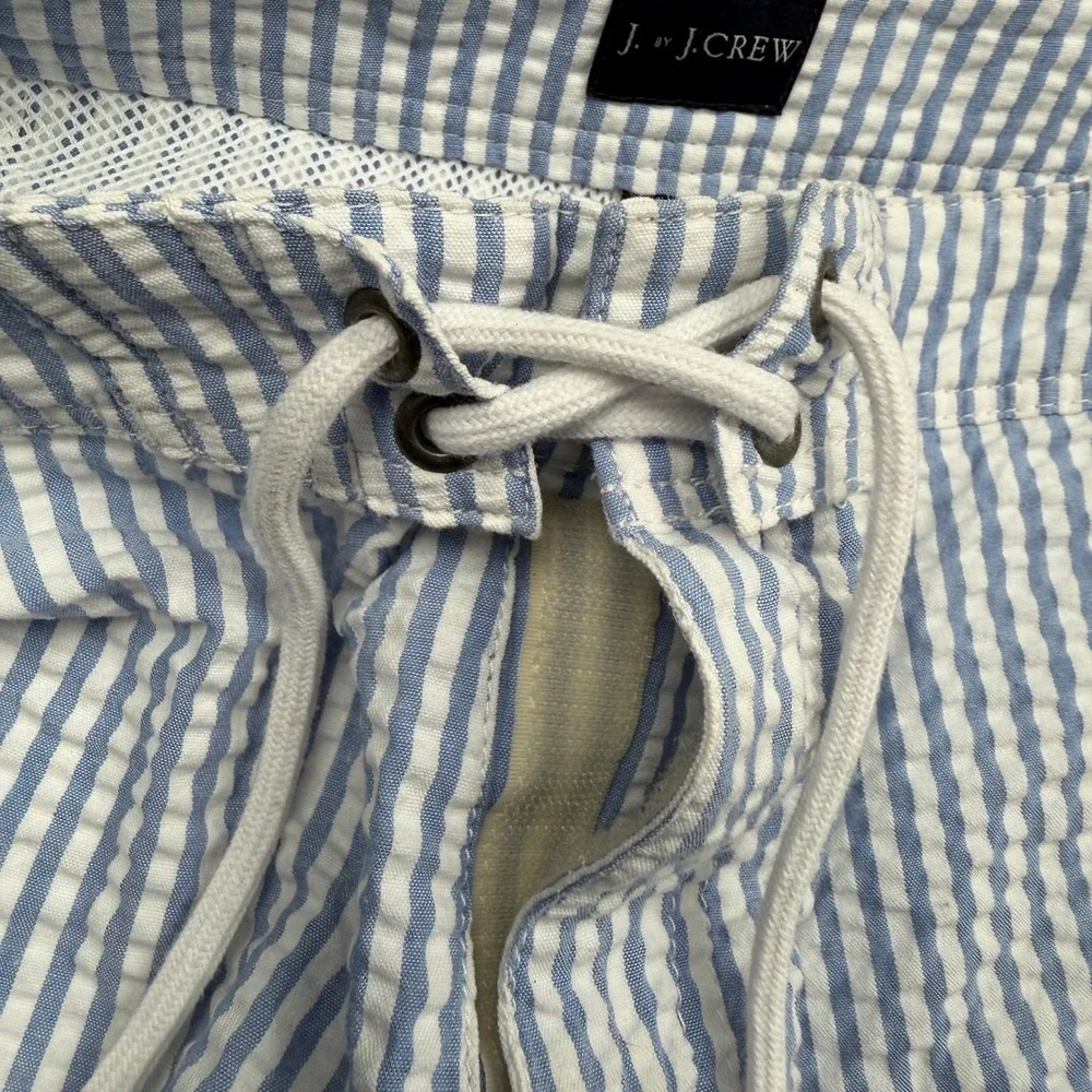 J. Crew Board Shorts Mens 33 Blue Seersucker Striped Swim Trunks Draw String EUC